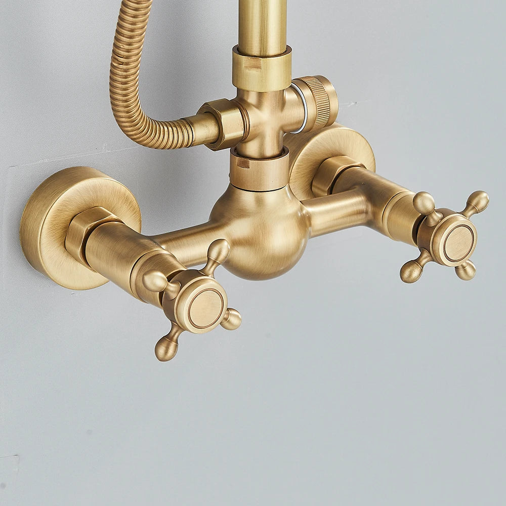 Antique Brass Shower Faucets Set, Wall Mount, Retro Shower Kit, Dual Knobs, Mixer Tap, Handheld Spray Bathtub Kit