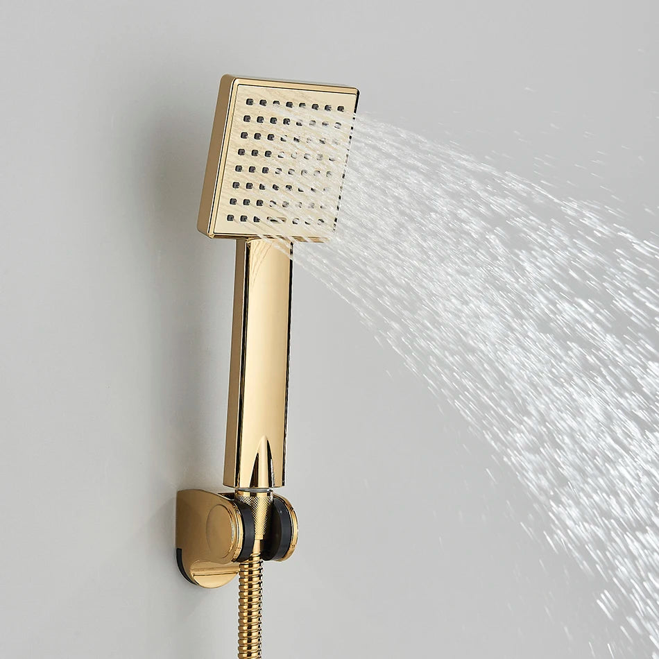 Ouro preto torneira da banheira cachoeira torneira do chuveiro fixado na parede misturador de água quente e fria para banheiro cromo banho chuveiro conjunto sistema