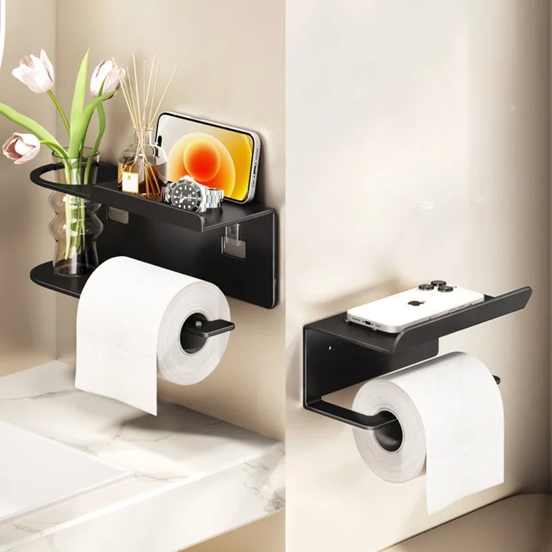 Wall-Mounted Bathroom Toilet Paper Holder with Roll Dispenser and Storage Shelf – Space-Saving Organizer for Home Restroom