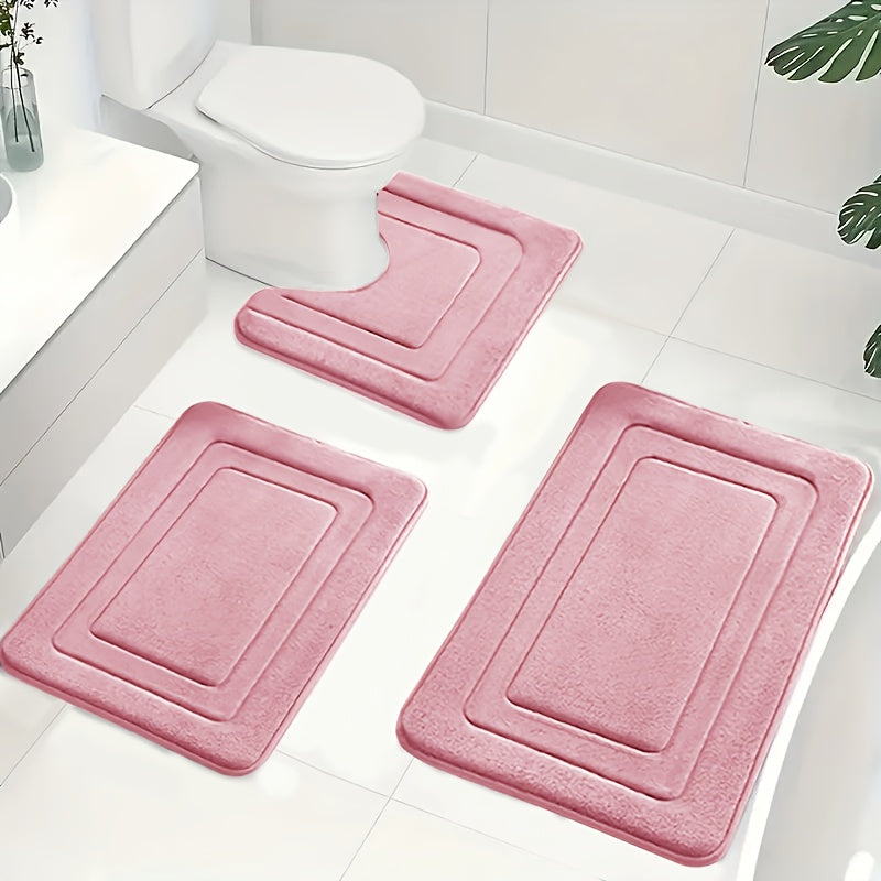 3pcs Memory Foam Bath Mat Set | Comfortable Standing Pad with U-Shaped Toilet Mat, Thick, Highly Absorbent Soft Carpet, Ideal for Bathroom/Shower, Non-Slip, Polyester Material