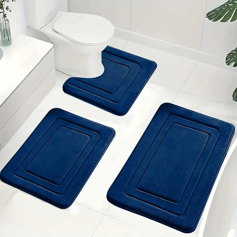 3pcs Memory Foam Bath Mat Set | Comfortable Standing Pad with U-Shaped Toilet Mat, Thick, Highly Absorbent Soft Carpet, Ideal for Bathroom/Shower, Non-Slip, Polyester Material