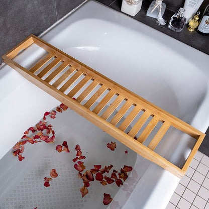 Natural Wood Colored Bamboo and Wood Anti Slip Bathroom Bathtub Bath Rack, Multi Functional Bath Storage Rack, Square Bathtub Tray