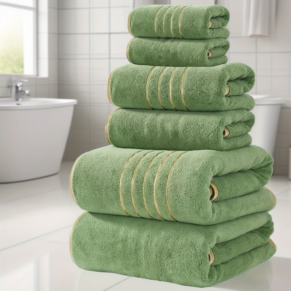 Luxurious Microfiber Bath Towel Set with Golden Trim - 6pcs