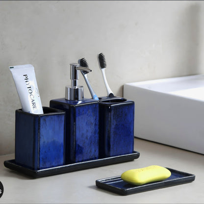 Zen Essence Fambe Collection | 5pcs Blue Bathroom Accessories Set | Soap Dispenser, Toothbrush Holder, Tumbler, Vanity Tray, & Multipurpose Holder | Decor Organiser