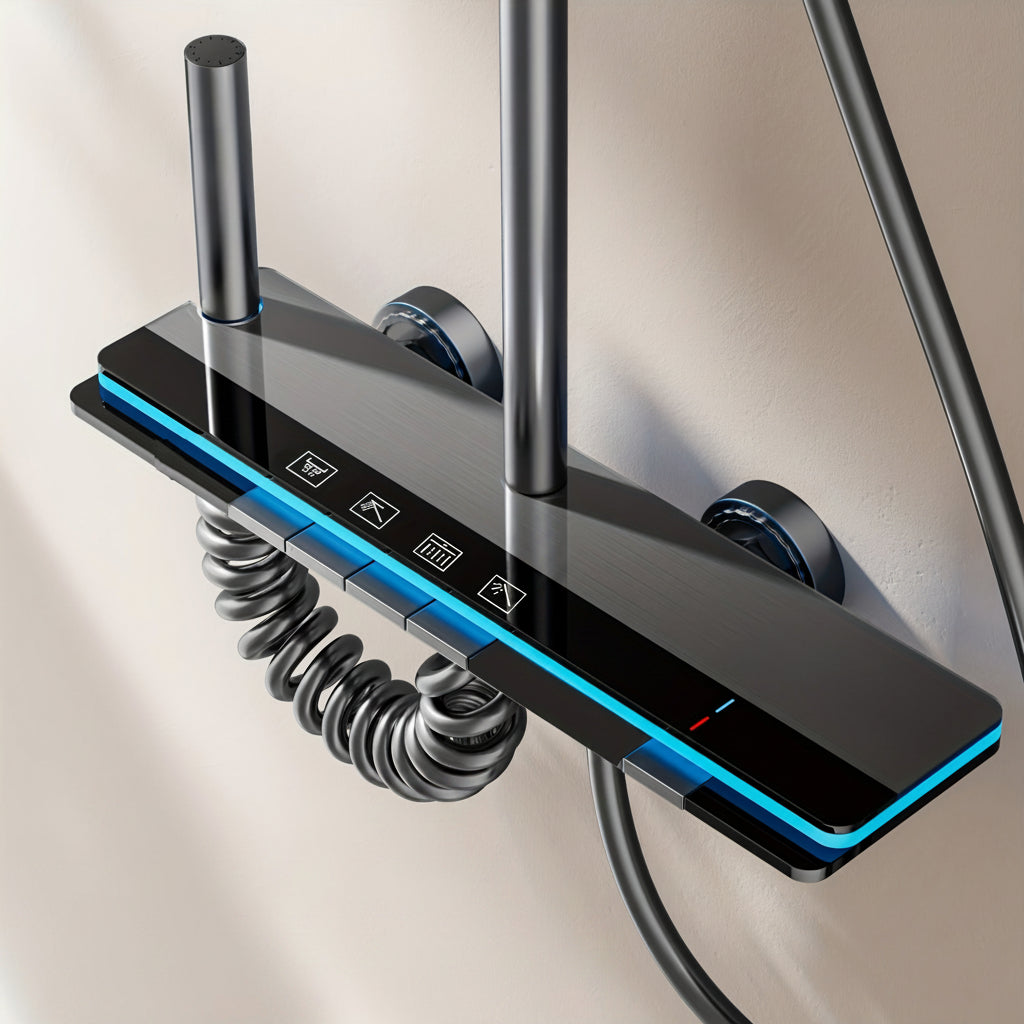 Luxury LED Shower System with Digital Shower Controller, Showerhead and Body Spray Head - Modern Black/blue Design, Durable Aluminum Structure, Temperature Controlled Shower Experience, Easy to Install, Ideal Bathroom Upgrade Gift, Shower Kit, for