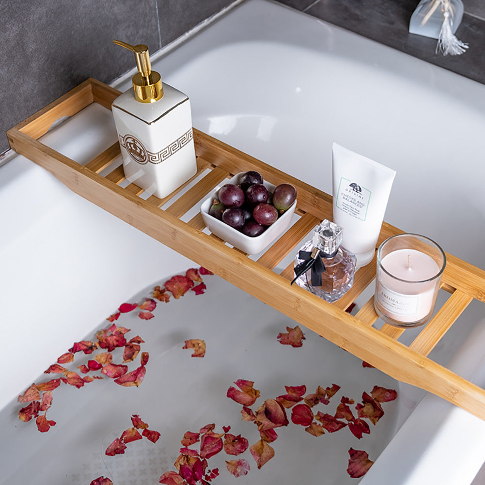 Natural Wood Colored Bamboo and Wood Anti Slip Bathroom Bathtub Bath Rack, Multi Functional Bath Storage Rack, Square Bathtub Tray