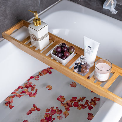 Natural Wood Colored Bamboo and Wood Anti Slip Bathroom Bathtub Bath Rack, Multi Functional Bath Storage Rack, Square Bathtub Tray