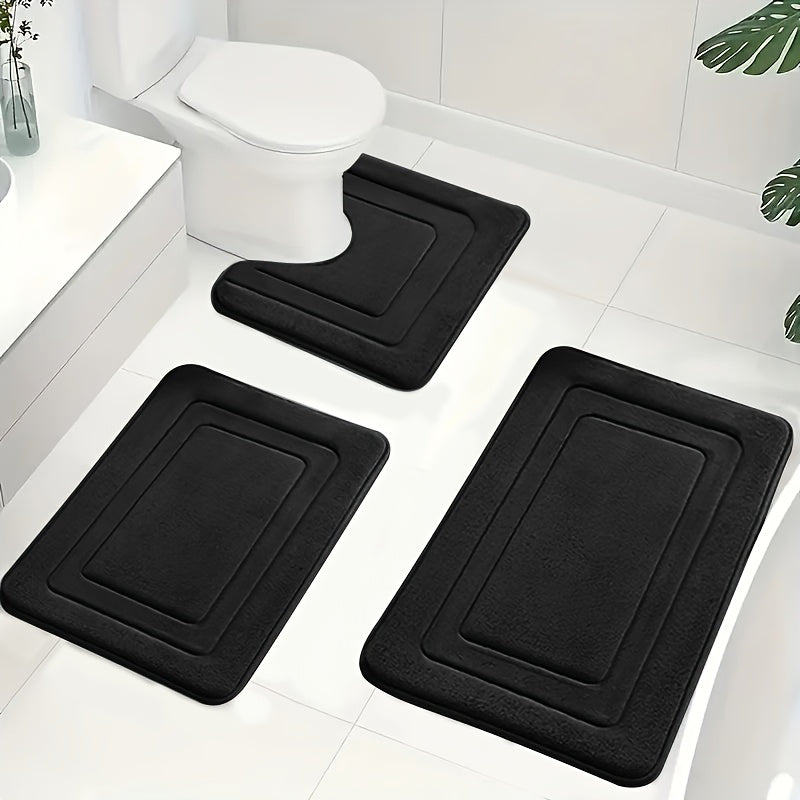 3pcs Memory Foam Bath Mat Set | Comfortable Standing Pad with U-Shaped Toilet Mat, Thick, Highly Absorbent Soft Carpet, Ideal for Bathroom/Shower, Non-Slip, Polyester Material