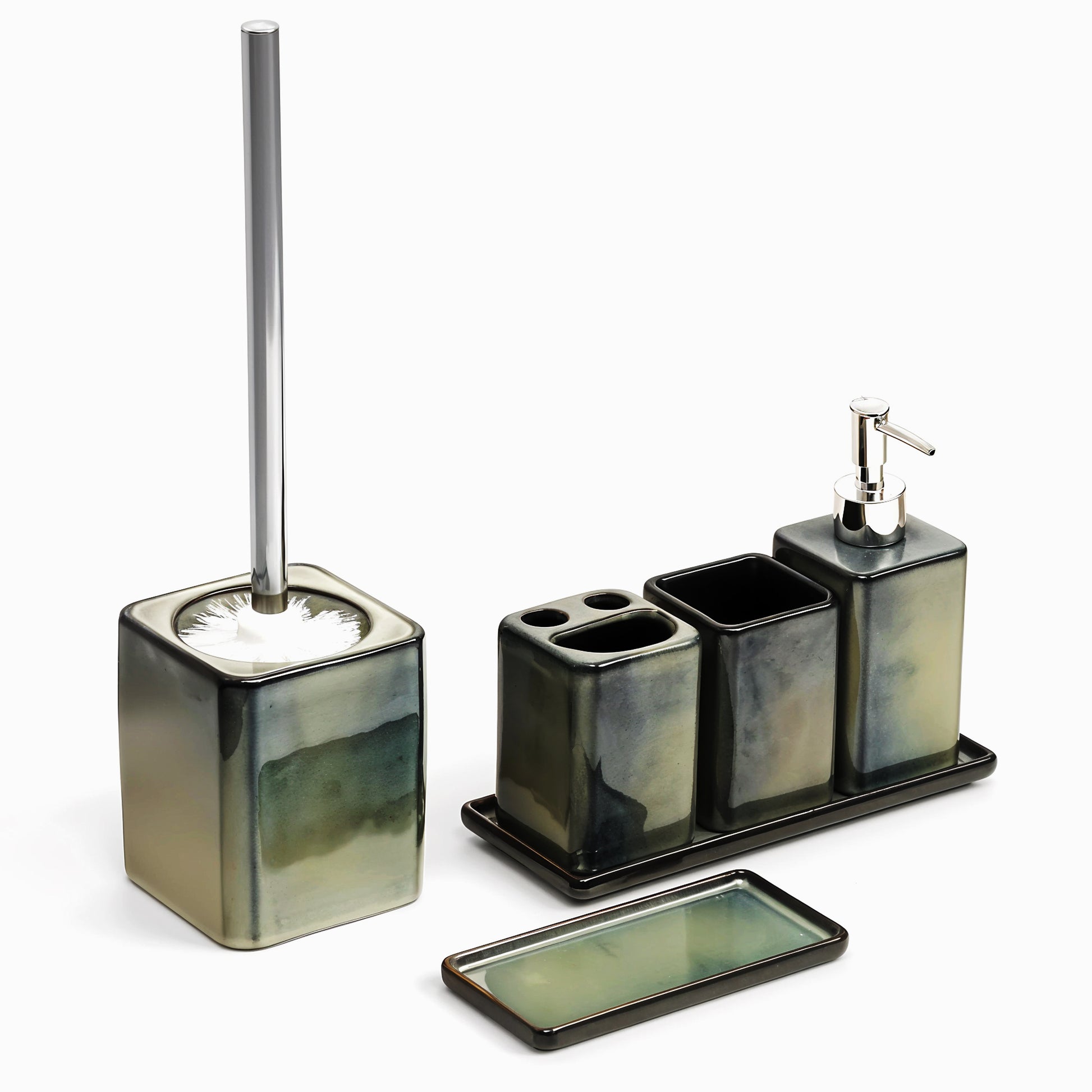 Zen Essence Fambe Collection | 5pcs Blue Bathroom Accessories Set | Soap Dispenser, Toothbrush Holder, Tumbler, Vanity Tray, & Multipurpose Holder | Decor Organiser
