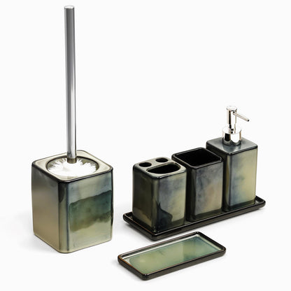 Zen Essence Fambe Collection | 5pcs Blue Bathroom Accessories Set | Soap Dispenser, Toothbrush Holder, Tumbler, Vanity Tray, & Multipurpose Holder | Decor Organiser