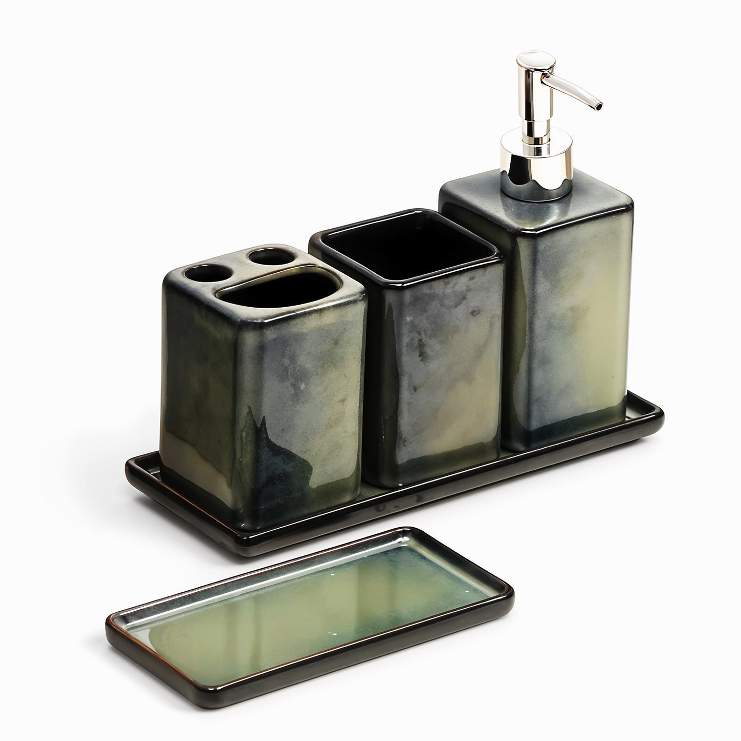 Zen Essence Fambe Collection | 5pcs Blue Bathroom Accessories Set | Soap Dispenser, Toothbrush Holder, Tumbler, Vanity Tray, & Multipurpose Holder | Decor Organiser