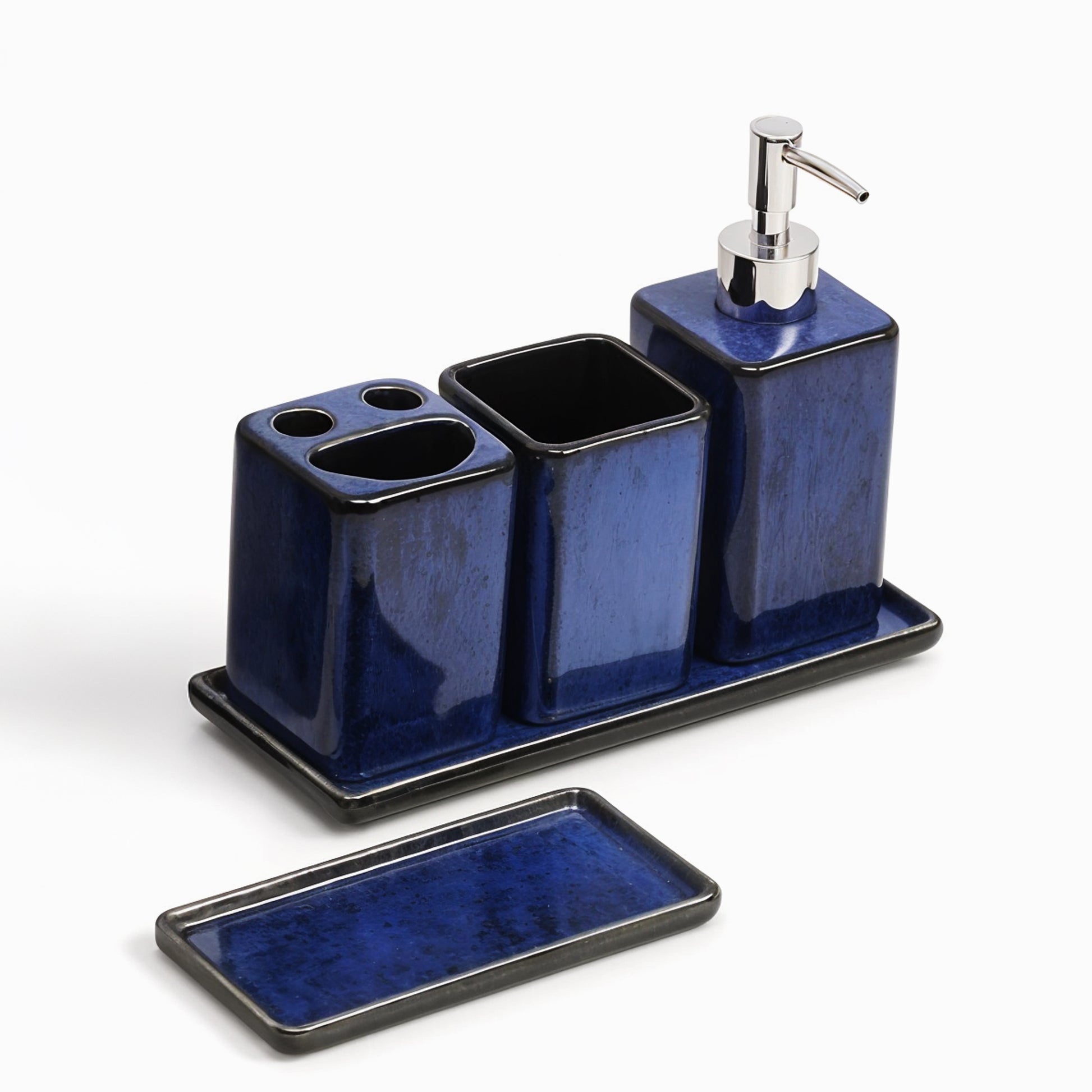 Zen Essence Fambe Collection | 5pcs Blue Bathroom Accessories Set | Soap Dispenser, Toothbrush Holder, Tumbler, Vanity Tray, & Multipurpose Holder | Decor Organiser