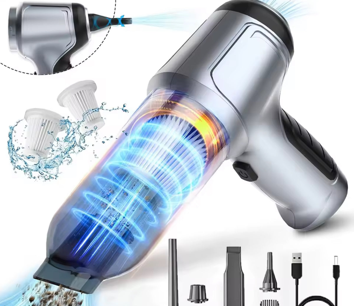 Aspirador de Mano Inalámbrico 4 en 1 con Soplador y Compresor, USB, para Hogar y Coche