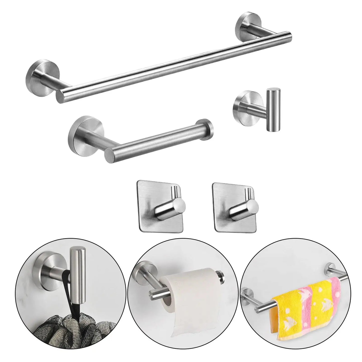 Conjunto de Acessórios para Banheiro em Aço Inoxidável, Barra para Toalhas e Gancho para Roupas, 5 Peças Contemporâneas