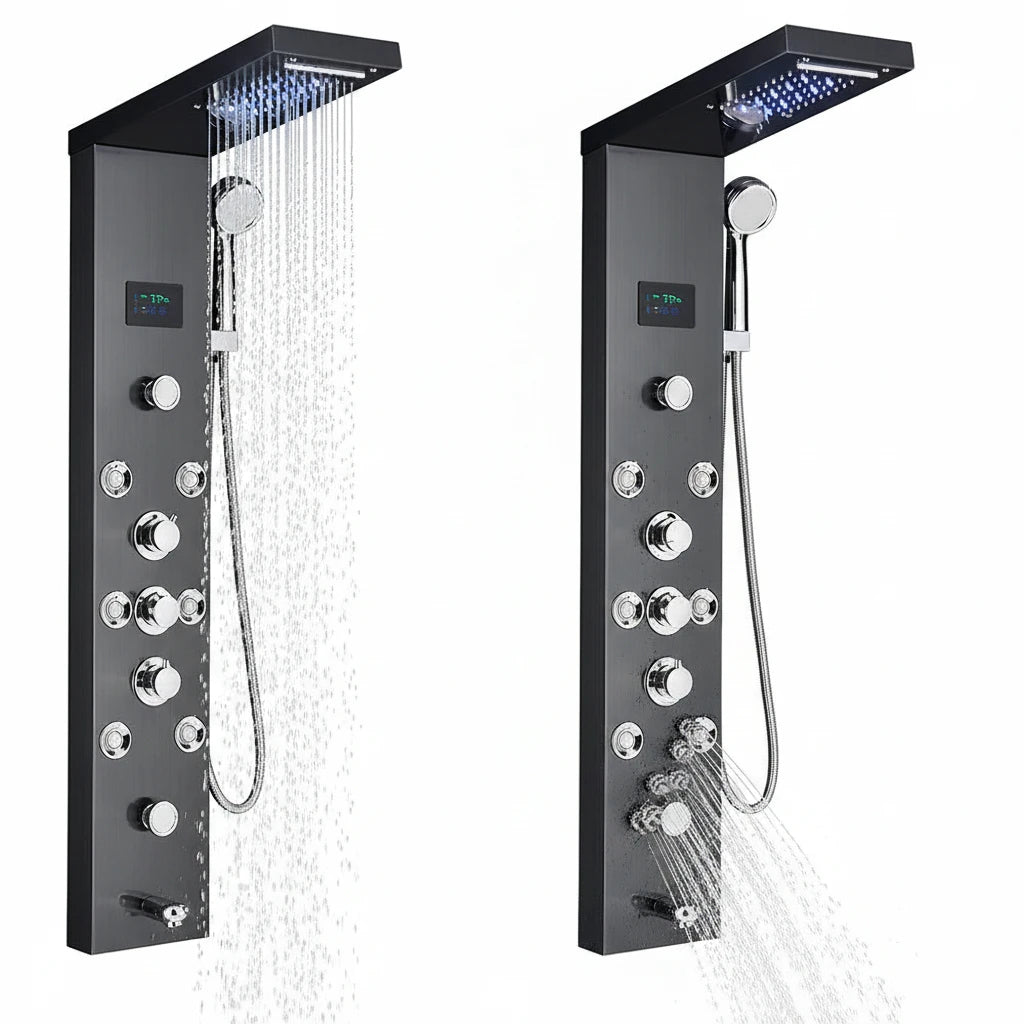 Painel de chuveiro led sistema torre chuva cachoeira coluna chuveiro hidroeletricidade display lcd com massagem corpo spa banho torneira do chuveiro