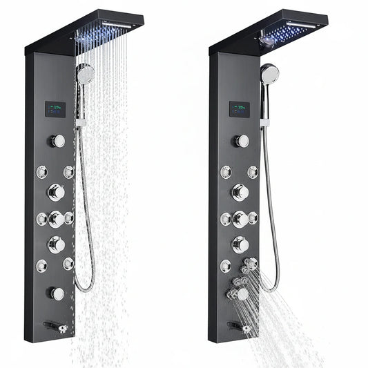 Painel de chuveiro led sistema torre chuva cachoeira coluna chuveiro hidroeletricidade display lcd com massagem corpo spa banho torneira do chuveiro