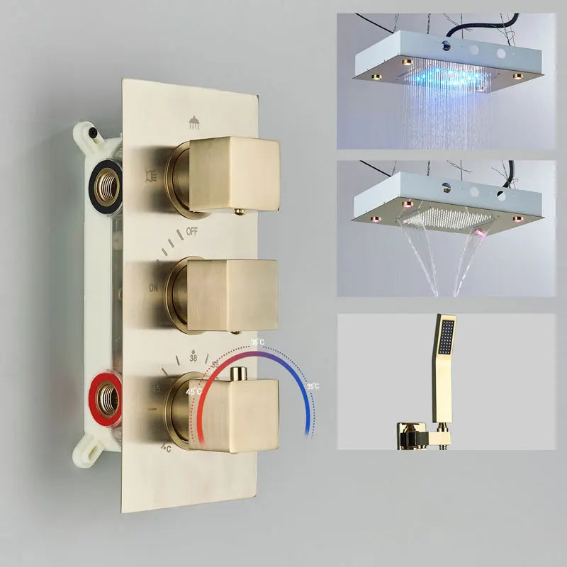 Sistema de chuveiro termostático, conjunto de chuveiro dourado escovado, controle remoto inteligente, torneira de teto com led, kit de chuveiro oculto para banheiro