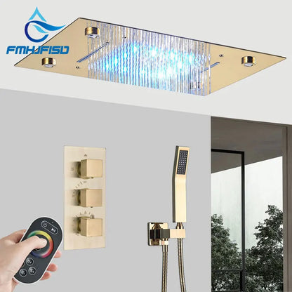 Sistema de chuveiro termostático, conjunto de chuveiro dourado escovado, controle remoto inteligente, torneira de teto com led, kit de chuveiro oculto para banheiro