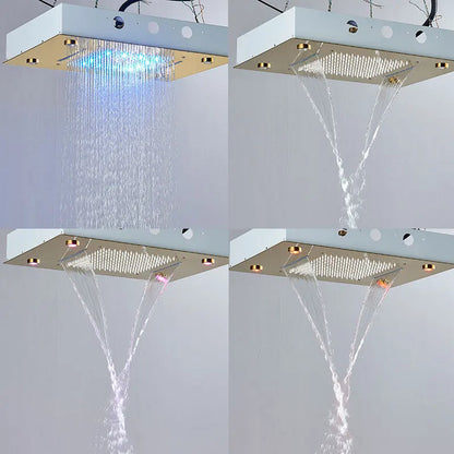 Sistema de chuveiro termostático, conjunto de chuveiro dourado escovado, controle remoto inteligente, torneira de teto com led, kit de chuveiro oculto para banheiro
