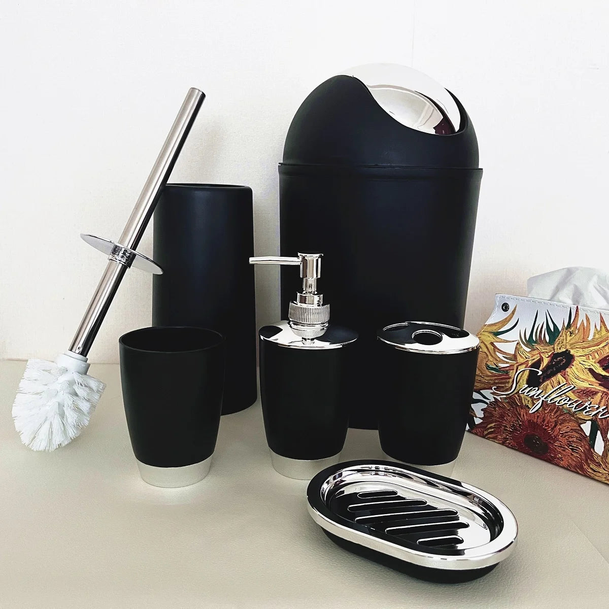 6 Piece Set Luxury Bathroom Fashionable Toilet Supplies Toilet Brush Set Lotion Bottle Toothbrush Holder Soap Box Trash Can