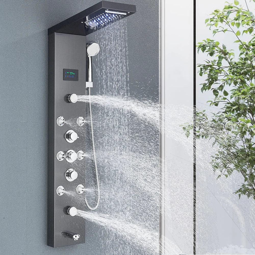 Painel de chuveiro led sistema torre chuva cachoeira coluna chuveiro hidroeletricidade display lcd com massagem corpo spa banho torneira do chuveiro