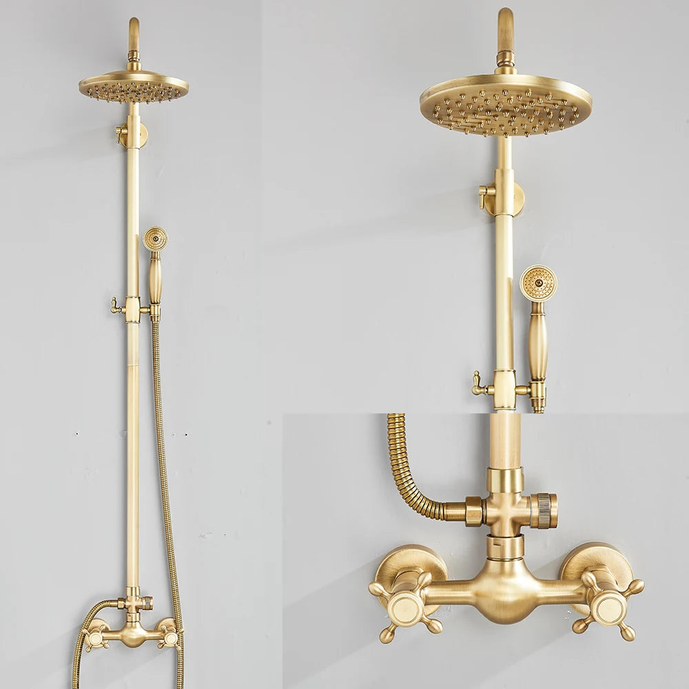 Antique Brass Shower Faucets Set, Wall Mount, Retro Shower Kit, Dual Knobs, Mixer Tap, Handheld Spray Bathtub Kit