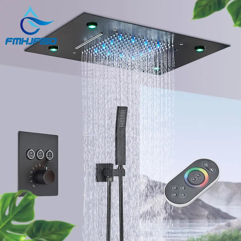 Torneira termostática de luxo para chuveiro, conjunto de chuveiro com led, montagem no teto, cascata e chuvas, sistemas de chuveiro de banheiro, misturador de chuveiro de 3 vias