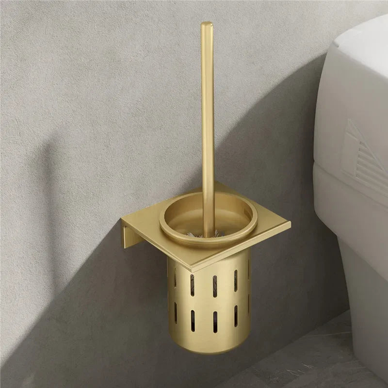 Conjunto de escova de vaso sanitário sem perfuração, espaço de parede do banheiro alumínio escovado ouro escova de limpeza titular