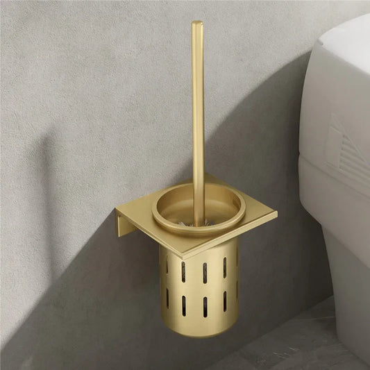 Conjunto de escova de vaso sanitário sem perfuração, espaço de parede do banheiro alumínio escovado ouro escova de limpeza titular