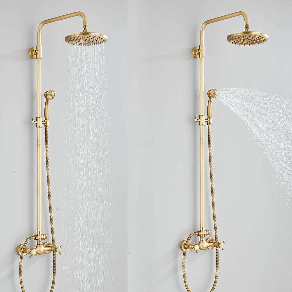 Antique Brass Shower Faucets Set, Wall Mount, Retro Shower Kit, Dual Knobs, Mixer Tap, Handheld Spray Bathtub Kit