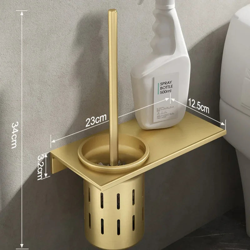Conjunto de escova de vaso sanitário sem perfuração, espaço de parede do banheiro alumínio escovado ouro escova de limpeza titular