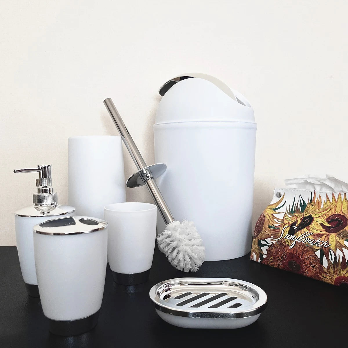6 Piece Set Luxury Bathroom Fashionable Toilet Supplies Toilet Brush Set Lotion Bottle Toothbrush Holder Soap Box Trash Can