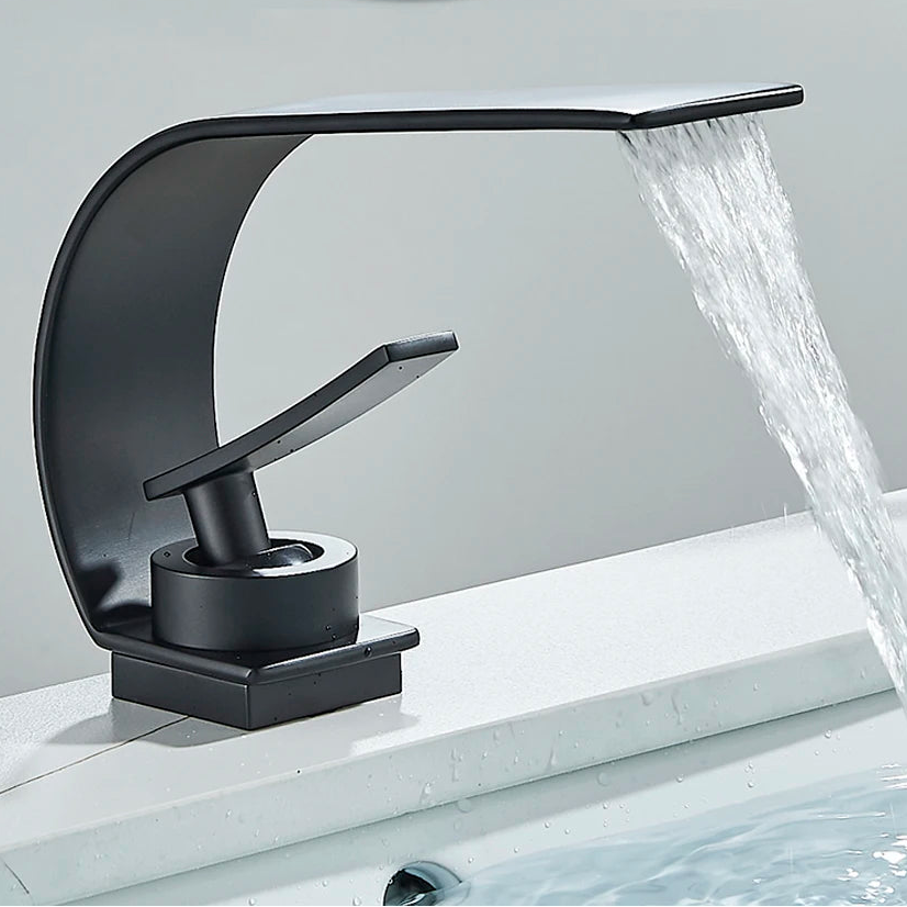 Black Thin style Bathroom Sink Faucet  Modern Mixer Hot Cold Water Tap Waterfall Deck Mounted Vessel Sink Faucet