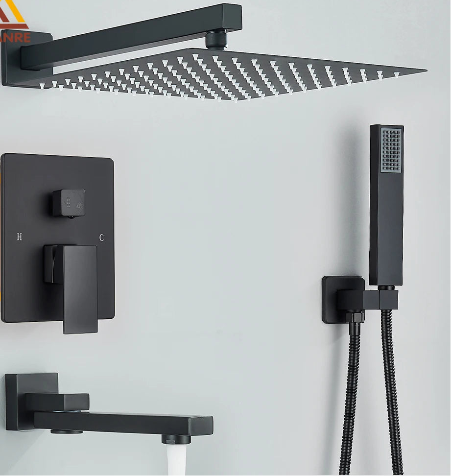 Black Concealed Shower System Rain Waterfall Bathroom Embedded Shower Faucet Set with Tub Spout