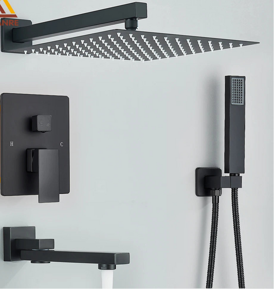 Black Concealed Shower System Rain Waterfall Bathroom Embedded Shower Faucet Set with Tub Spout