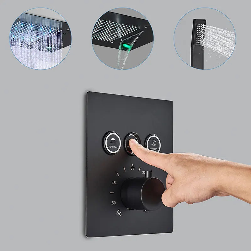 Torneira termostática de luxo para chuveiro, conjunto de chuveiro com led, montagem no teto, cascata e chuvas, sistemas de chuveiro de banheiro, misturador de chuveiro de 3 vias