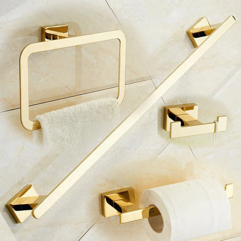Banhado a ouro Brass Made Toalha Bar, Toilet Paper Holder, Robe Hook, Acessórios do banheiro, Hardware, 4 Pcs Set