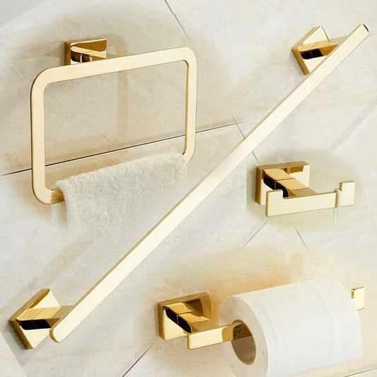 Banhado a ouro Brass Made Toalha Bar, Toilet Paper Holder, Robe Hook, Acessórios do banheiro, Hardware, 4 Pcs Set