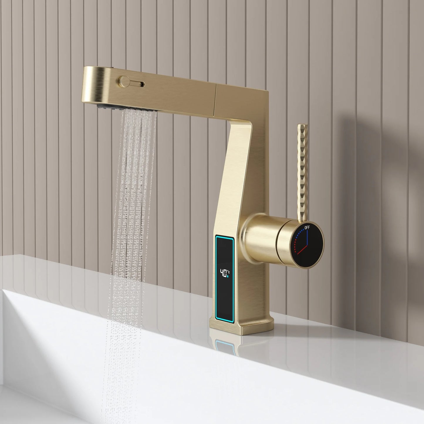 Luxurious Brushed Gold Bathroom Faucet with Digital Display