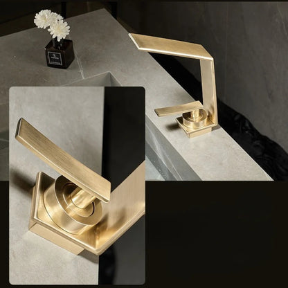 Luxo contemporâneo escovado ouro bacia de água quente & fria torneiras misturadoras pia do banheiro cachoeira bico mistura lavatório metal torneiras