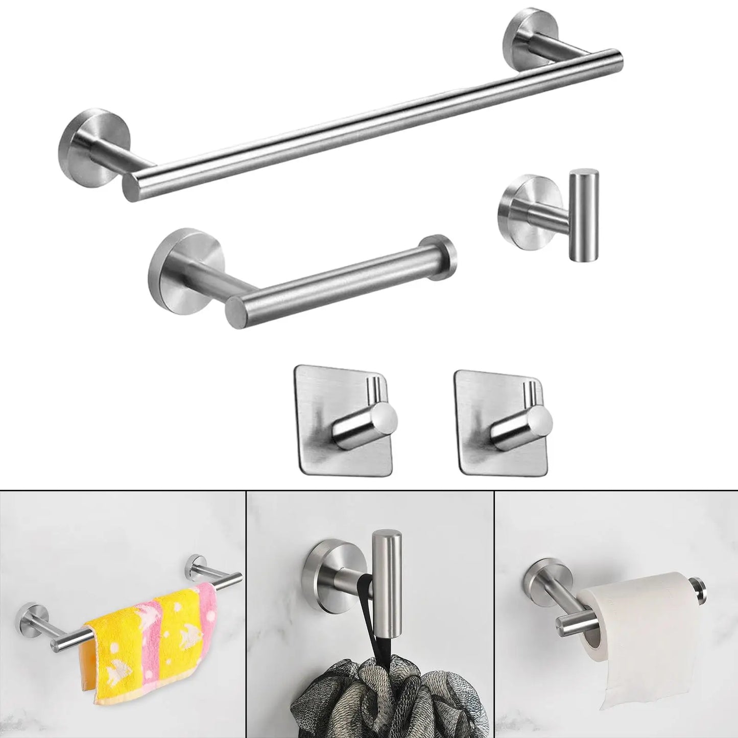 Conjunto de Acessórios para Banheiro em Aço Inoxidável, Barra para Toalhas e Gancho para Roupas, 5 Peças Contemporâneas