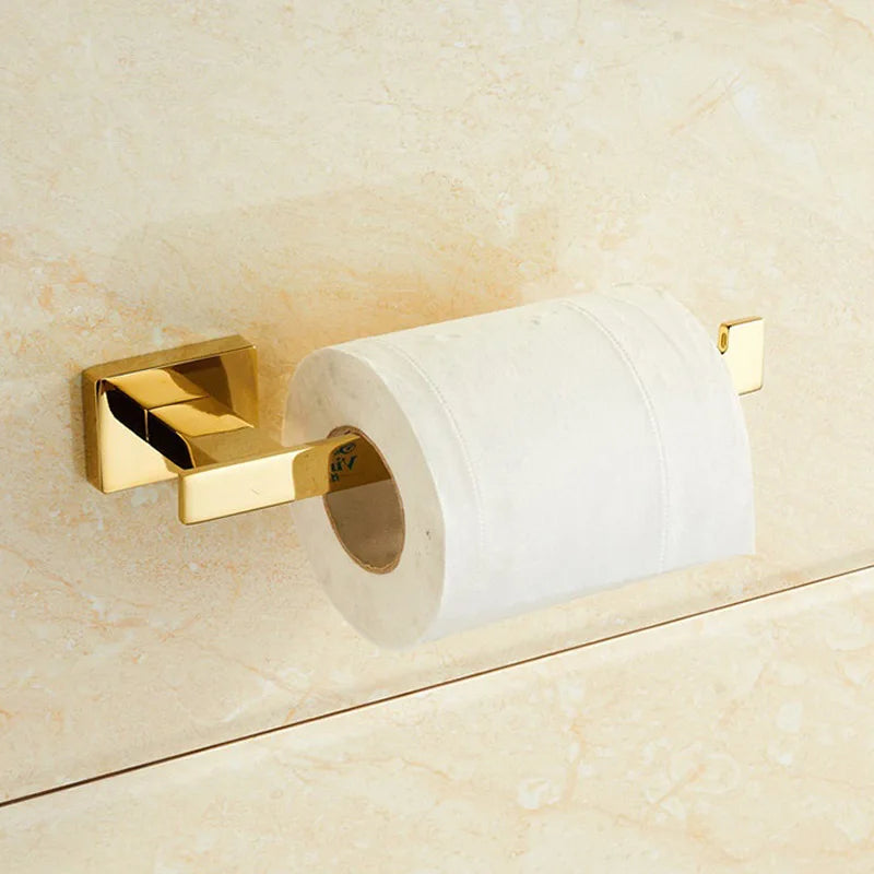 Banhado a ouro Brass Made Toalha Bar, Toilet Paper Holder, Robe Hook, Acessórios do banheiro, Hardware, 4 Pcs Set