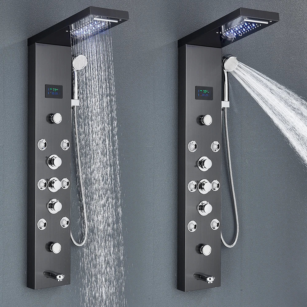 Painel de chuveiro led sistema torre chuva cachoeira coluna chuveiro hidroeletricidade display lcd com massagem corpo spa banho torneira do chuveiro