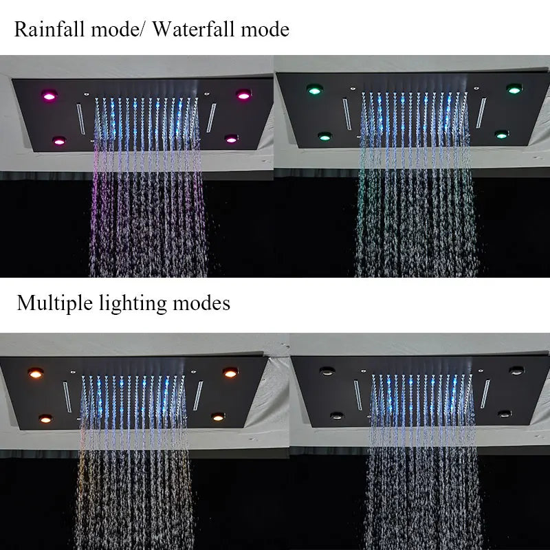 Torneira termostática de luxo para chuveiro, conjunto de chuveiro com led, montagem no teto, cascata e chuvas, sistemas de chuveiro de banheiro, misturador de chuveiro de 3 vias
