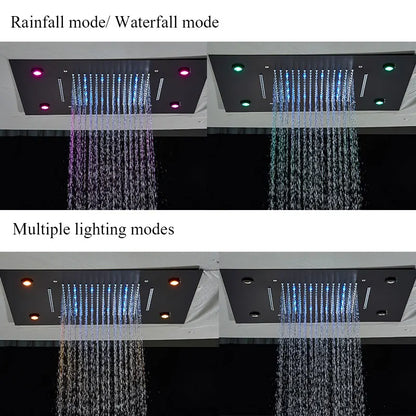 Torneira termostática de luxo para chuveiro, conjunto de chuveiro com led, montagem no teto, cascata e chuvas, sistemas de chuveiro de banheiro, misturador de chuveiro de 3 vias