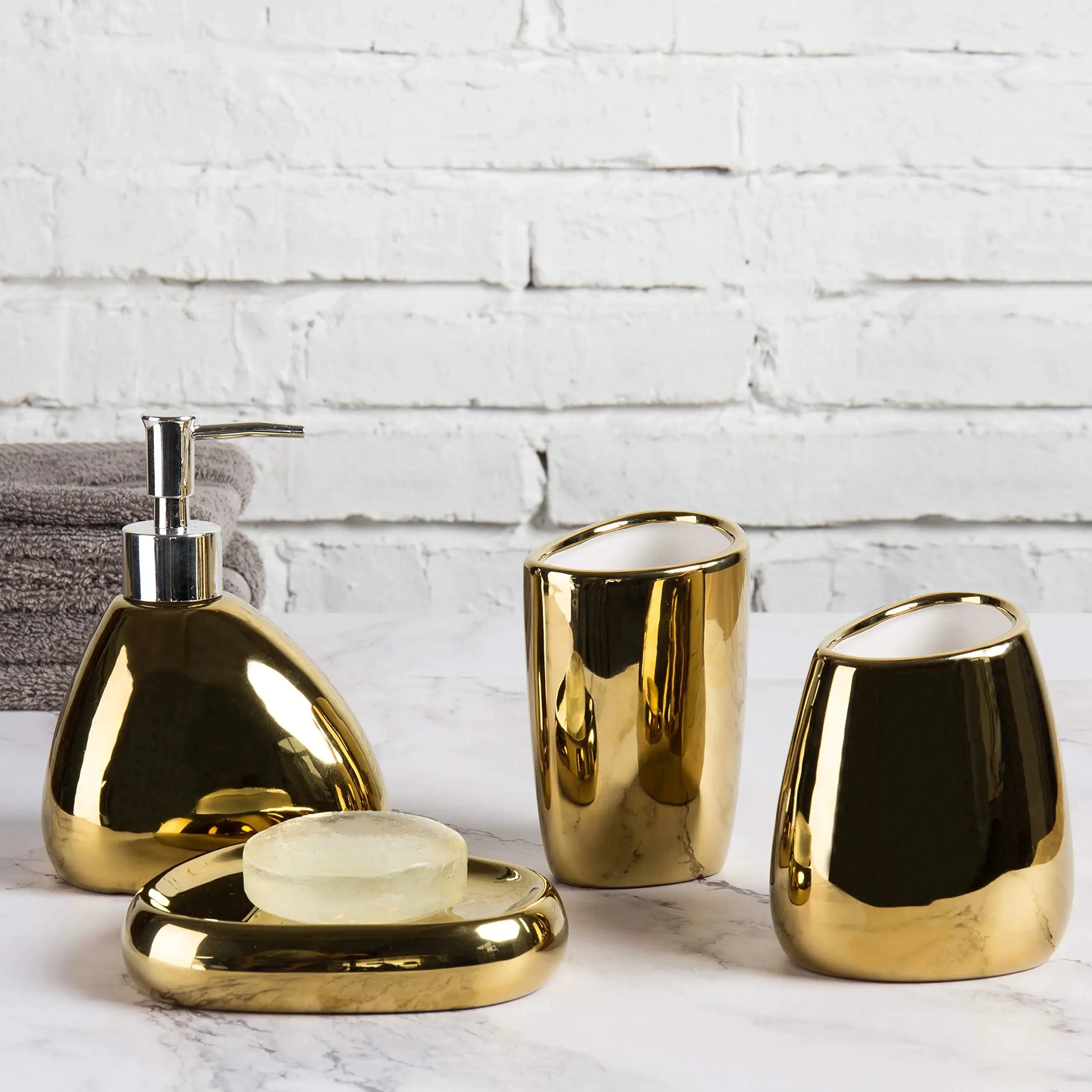 Acessório Do Banheiro De Ouro Conjunto com Saboneteira, Mouthwash Cup, Toothbrush Holder, Presente Do Banheiro, 4 Pcs