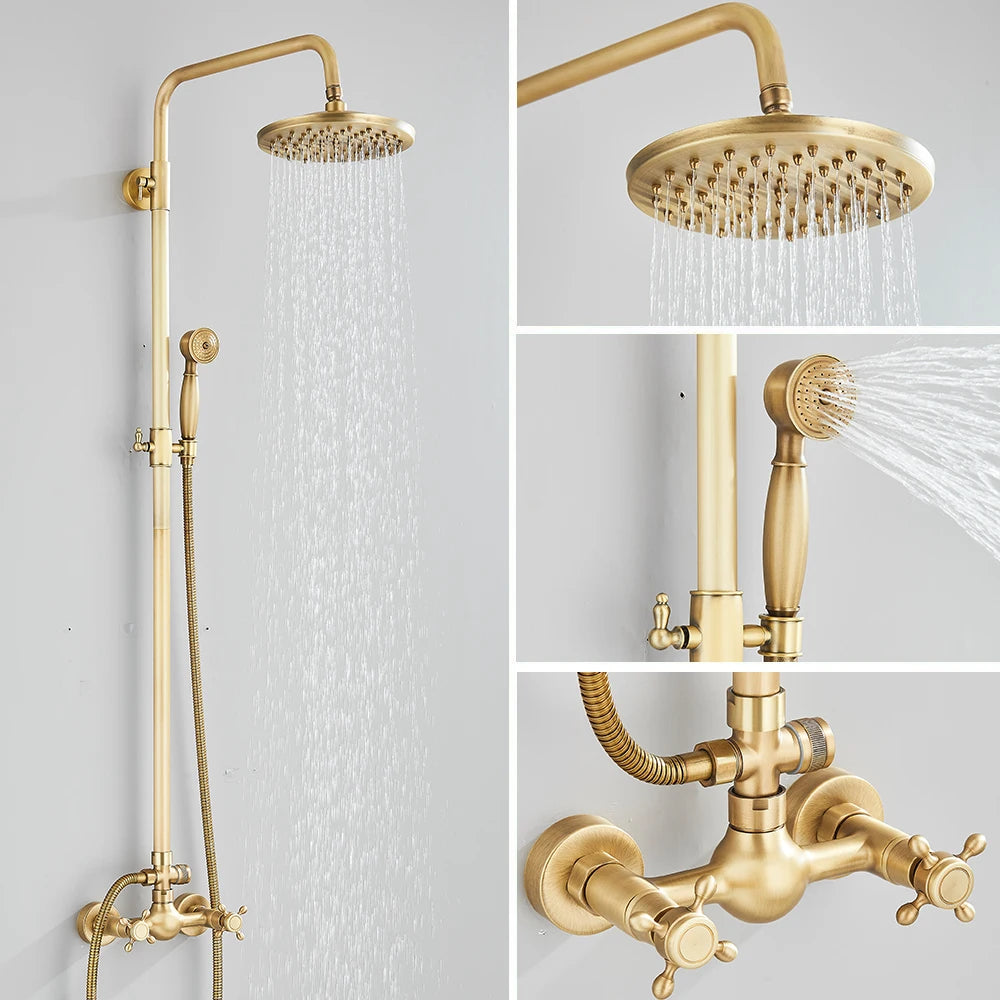 Antique Brass Shower Faucets Set, Wall Mount, Retro Shower Kit, Dual Knobs, Mixer Tap, Handheld Spray Bathtub Kit