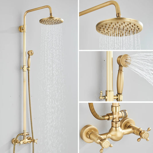 Antique Brass Shower Faucets Set, Wall Mount, Retro Shower Kit, Dual Knobs, Mixer Tap, Handheld Spray Bathtub Kit