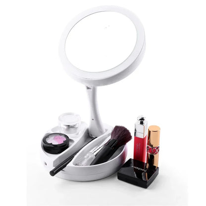 Makeup Mirror With Light White LED Folding Portable Rotating 10x Magnifying Double Side Storage Tabletop Batteries USB Charging