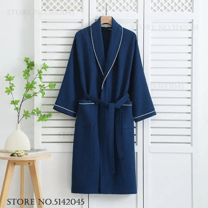 100% Cotton Couple Robe Waffle Bathrobe Gown Kimono Yukata Home Clothes Casual Women Sleepwar Nightwear Spring Summer Loungewear